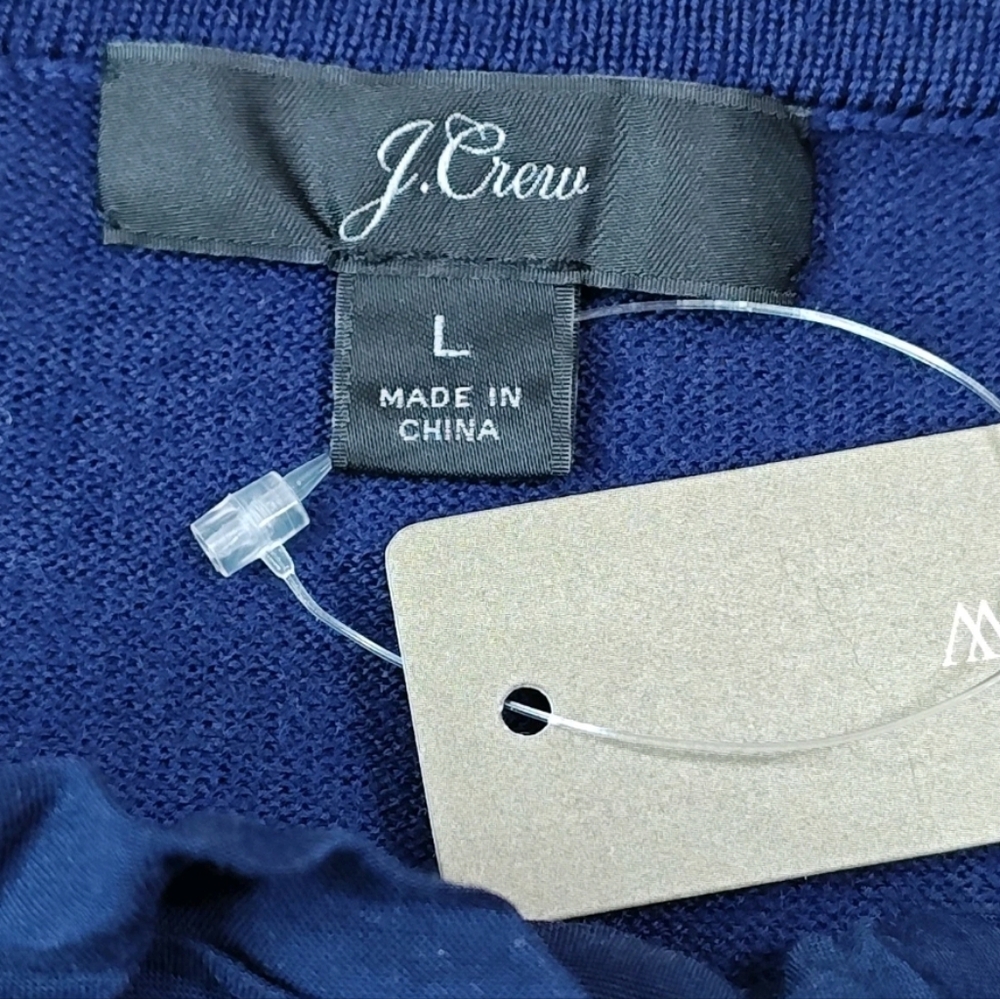 J Crew Merino Wool Ruffled Mockneck Cardigan Fitted Sweater Slim Large Navy Nwt - Picture 7 of 16